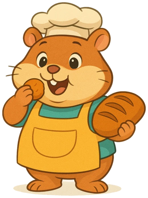 Alfred, a golden hamster baker in a chef's hat and apron, holding a fresh loaf.