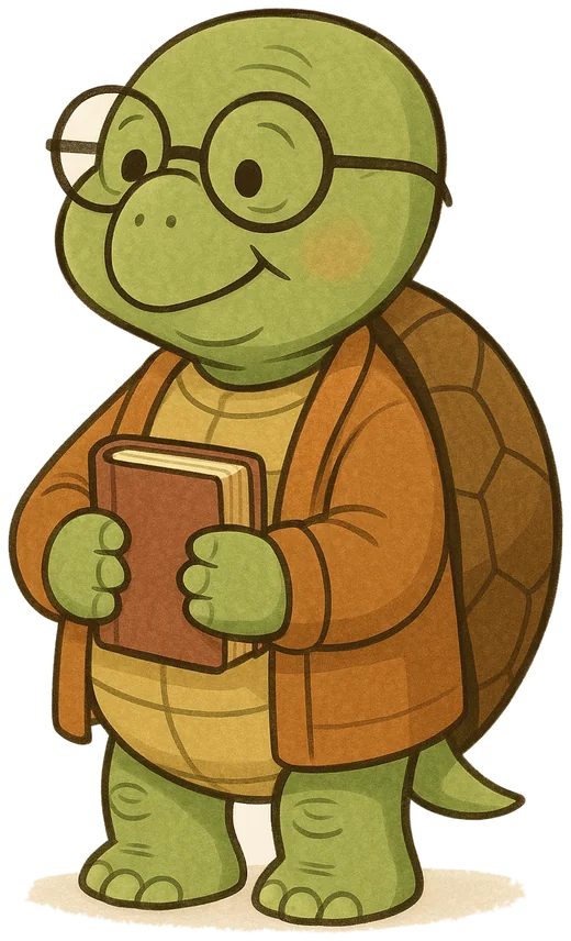 Barnaby, an elderly tortoise in round spectacles and a cardigan, holding a book.