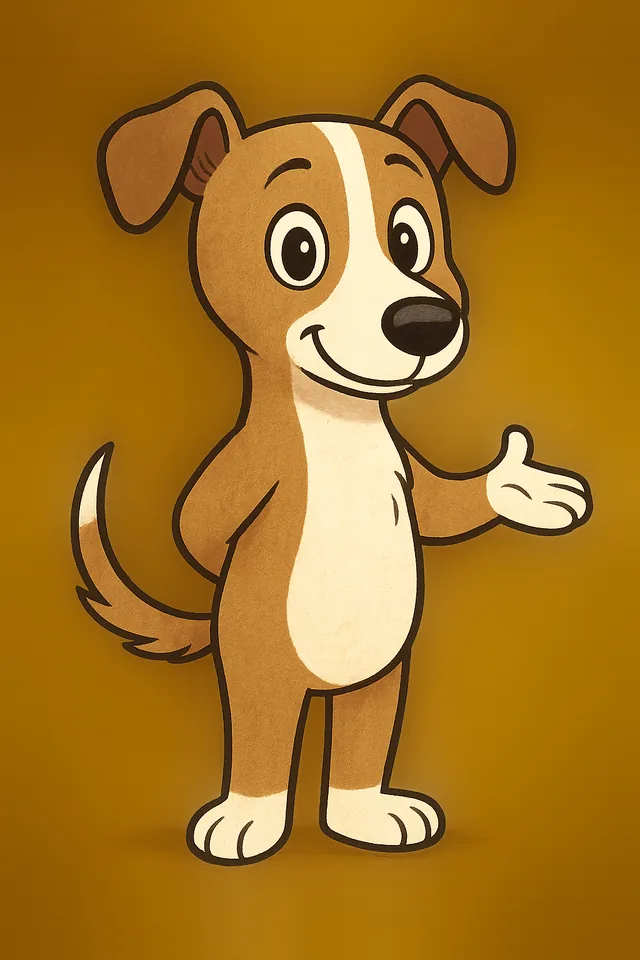 Cassie, a smiling tan lurcher with floppy ears, giving a friendly wave.