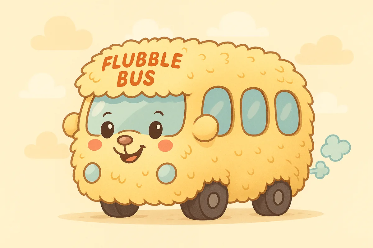 The Flubble Bus: a huge fluffy cloud-coloured bus with a smiling face, rolling along under a warm sky.