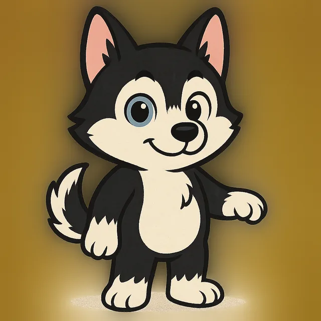 Freya, a small black and white husky pup with one blue eye, mid-mischief.