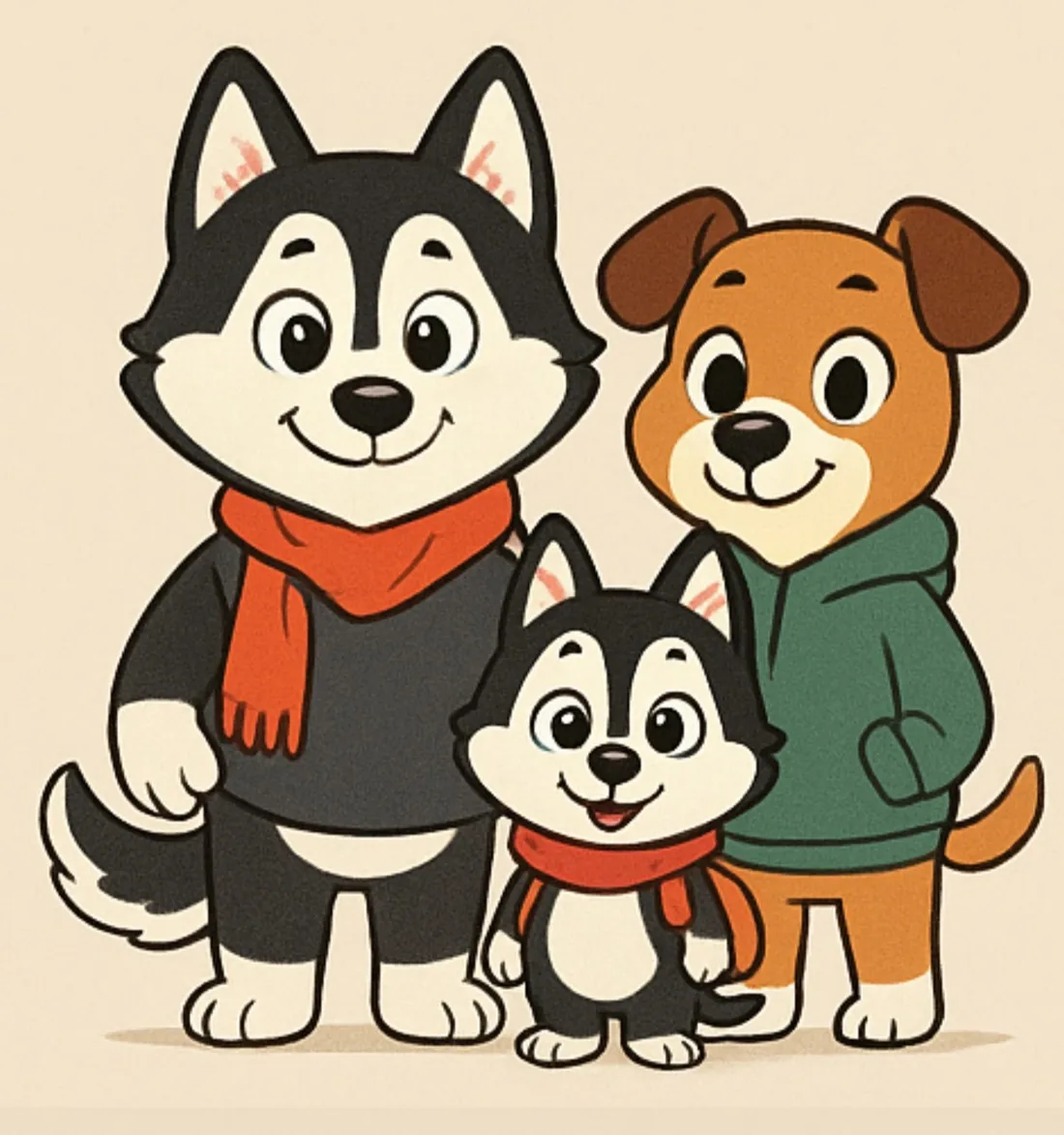 Kira, Freya and Cassie standing together: a big husky in a red scarf, a small husky pup in a red bandana, and a tan dog in a green hoodie.