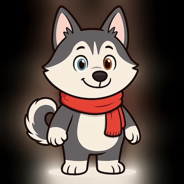 Kira, a grey and white husky with one blue eye and one brown eye, wearing her red scarf.