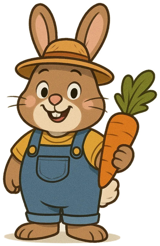 Petunia, a cheerful rabbit farmer in a straw sun hat and overalls, holding a prize carrot.