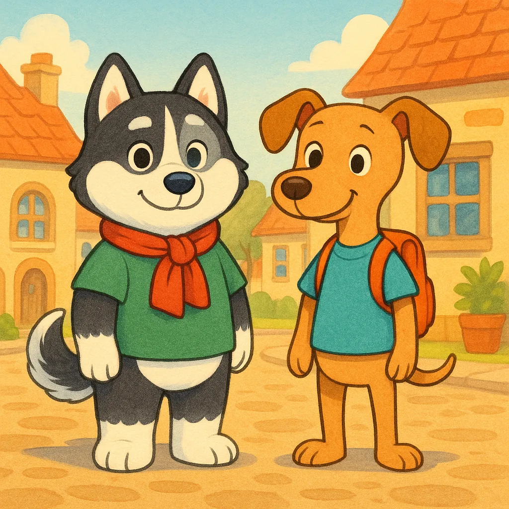 Kira and Cassie standing together in a sunny cobbled lane in Snuggleton Village.